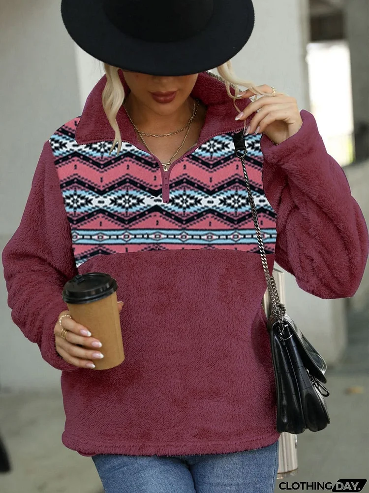 Geometric Quarter-Zip Collared Sweatshirt