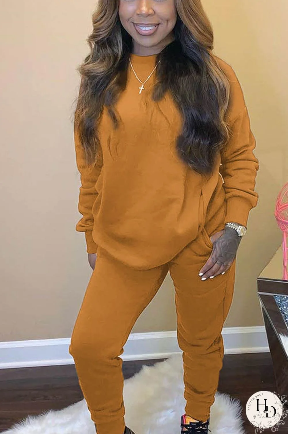 Yellow Casual Solid O Neck Long Sleeve Regular Sleeve Regular Two Pieces