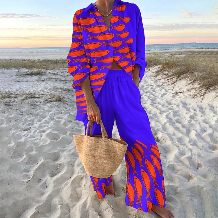 Women's Red Sardines Printed Shirt & Pants Two-piece Set