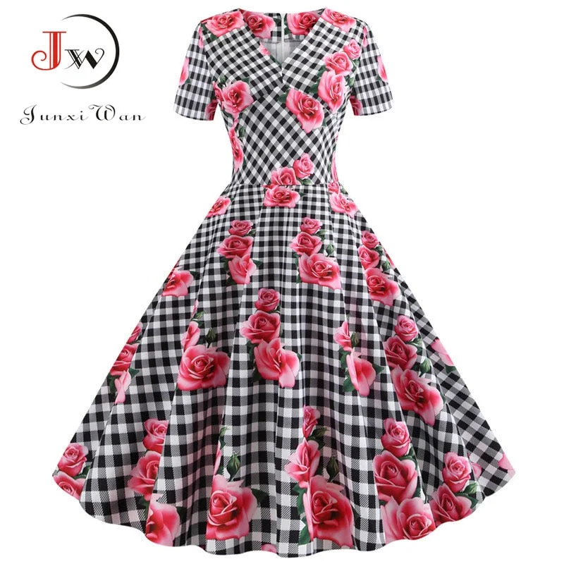 Plaid Print Short Sleeve Summer Vintage Dress Women 2022 Casual V neck Elegant Slim Office Party vestidos Robe Femme