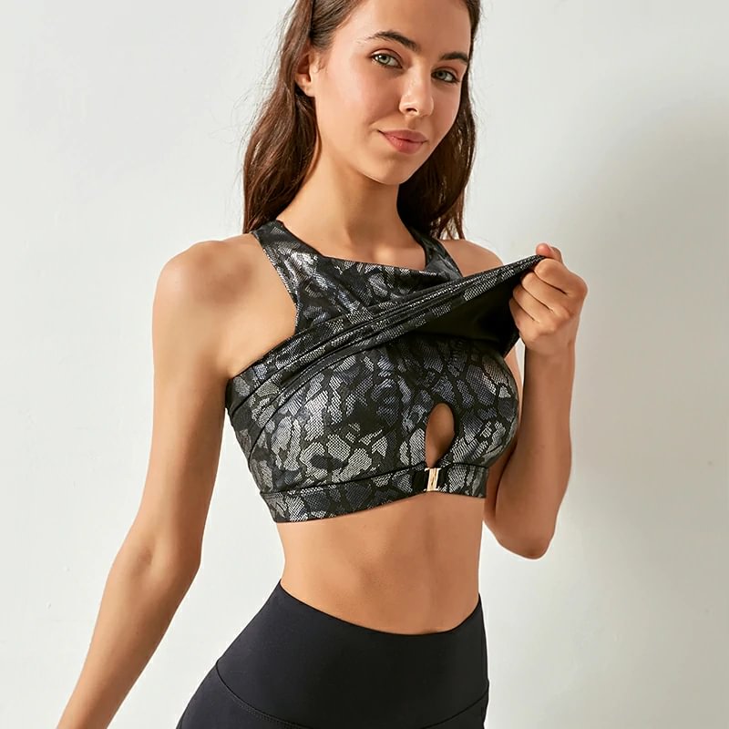 Her gym clothing active tank top with built in bra display