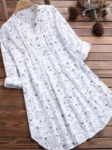 V-Neck Pleated Print Long-Sleeved Casual Top