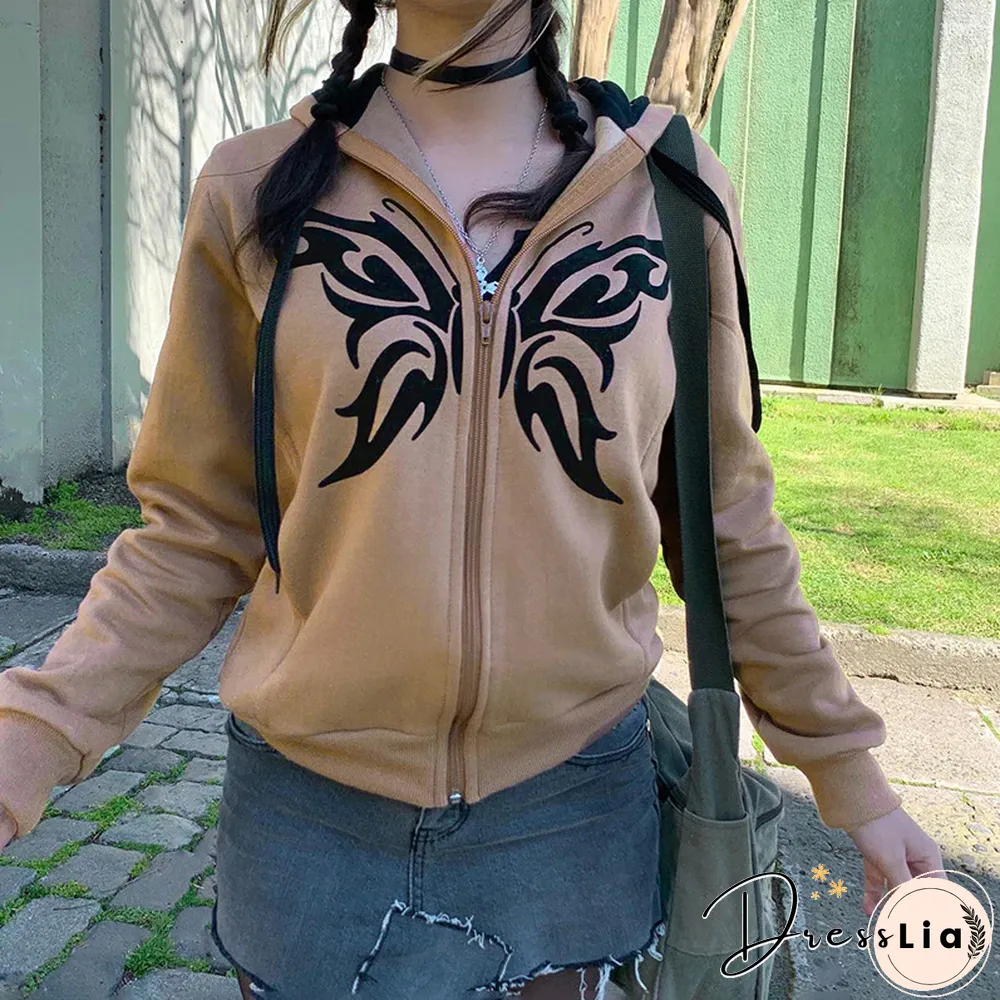 Women Butterfly Sweatshirt Y2k Aesthetic Fairycore Grunge Zip Up Long Sleeve Tops E Girl Hoodie Casual Streetwear