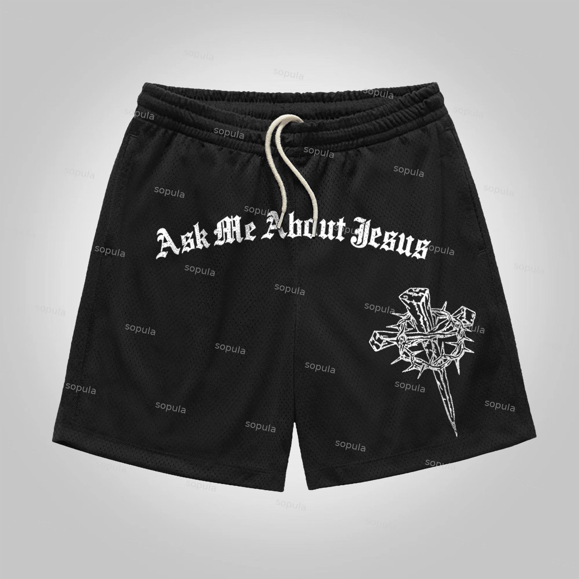 Sopula Ask Me About Jesus Graphic Mesh Shorts - Sopula｜Premium Graphic Tees & Graphic Clothing