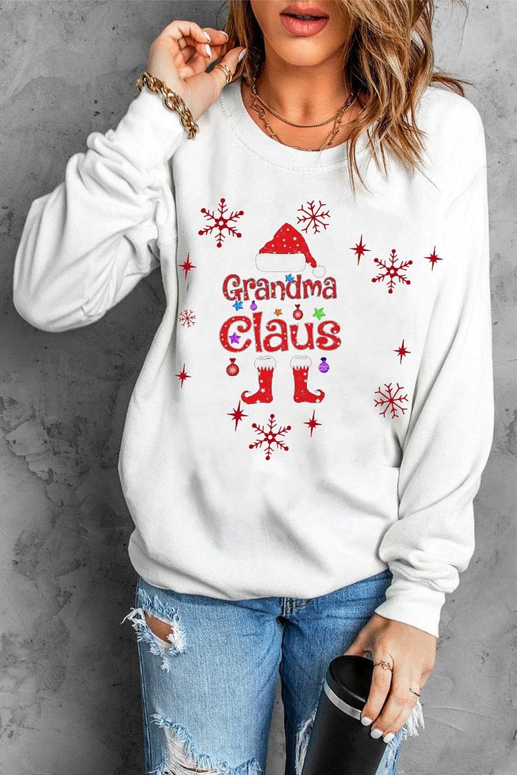 Women's Christmas Grandma Claus Letter Printed Round Neck Sweatshirt 