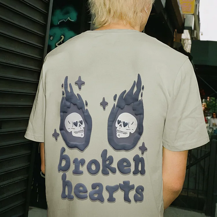 Puff Print Skull Broken Heart T Shirt
