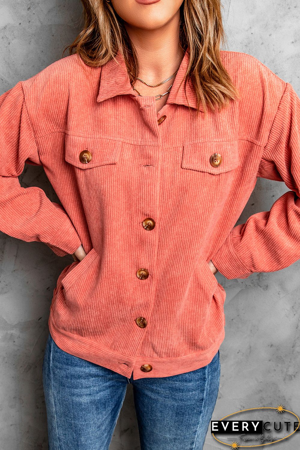 Pink Ribbed Corduroy Long Sleeve Jacket with Pocket