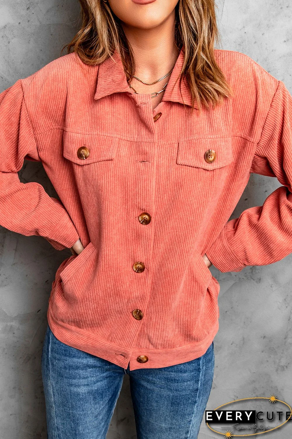 Pink Ribbed Corduroy Long Sleeve Jacket with Pocket