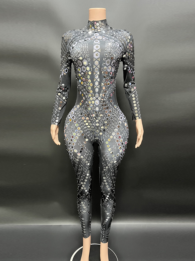 TAAFO Ladies Apparel Women Clothing High Neck Sequins Black Romper Stage Women Clothing Bodycon Club Wear Not See Through