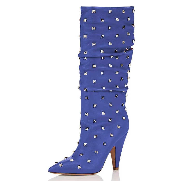 FSJ Blue Rock Studs Pointed Toe Cone Heel Slouch Boots for Women |FSJ Shoes