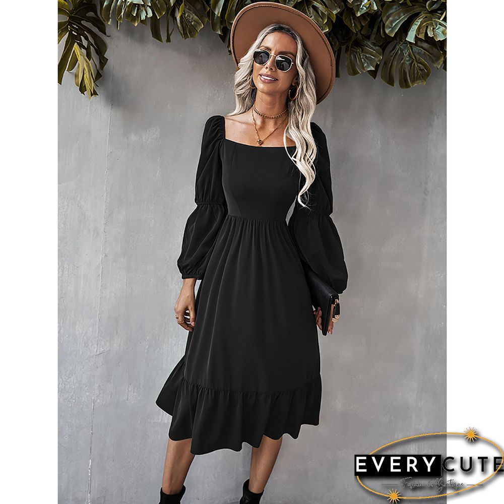 Black Square Neck Ruffle Detail Long Sleeve Dress