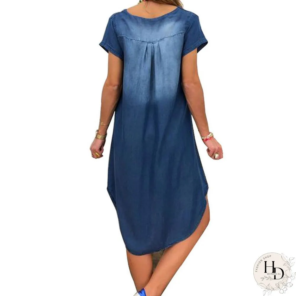 Women Fashion Summer Plus Size Short Sleeve Loose Denim Mini Jeans Dress