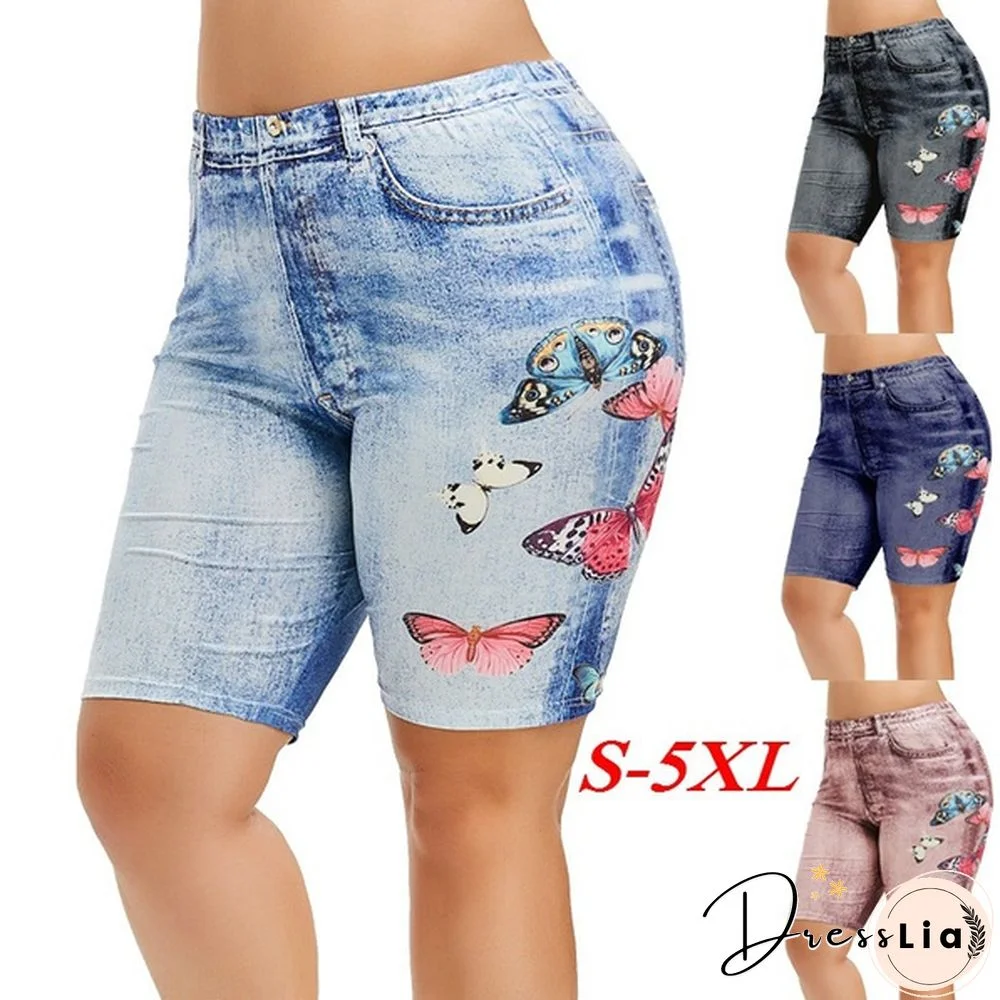 Women New Fashion Skinny Denim Jeans Casual High Waist Butterfly Print Faux Short Pants Plus Size Skinny Leggings Plus Size