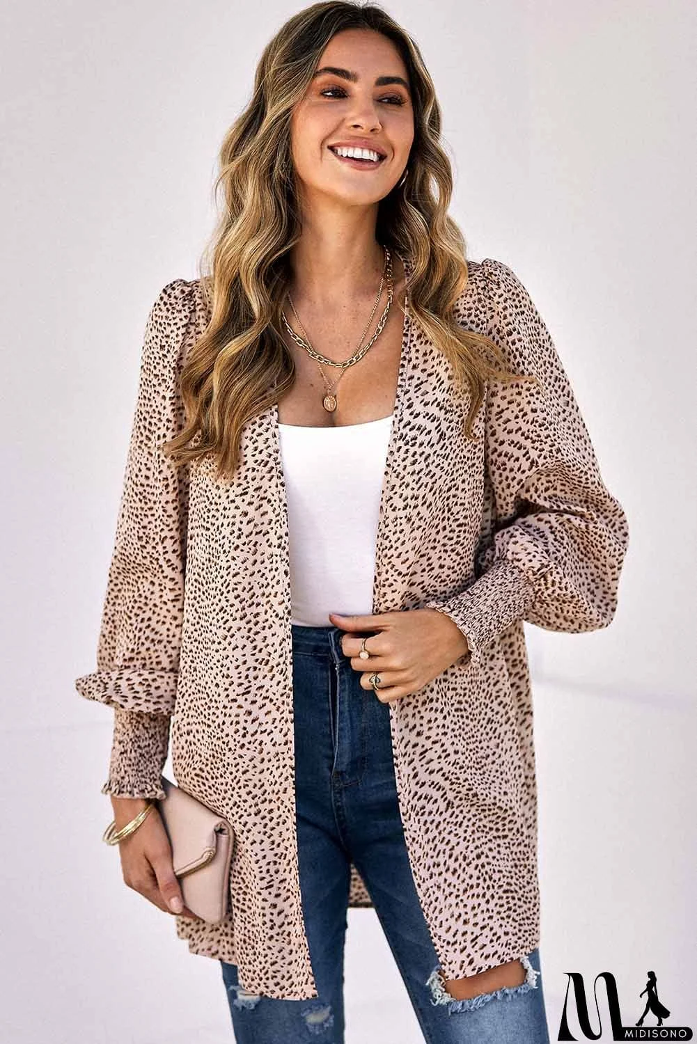 MidiSono - Animal Print Shirred Cuff Lantern Sleeve Cardigan