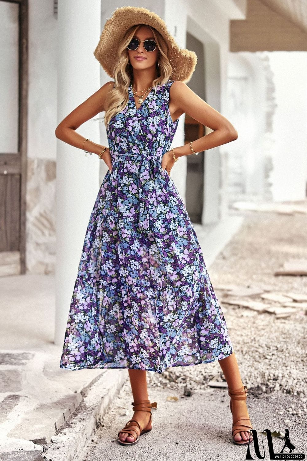 MidiSono - Floral Belted Surplice Sleeveless Tiered Dress