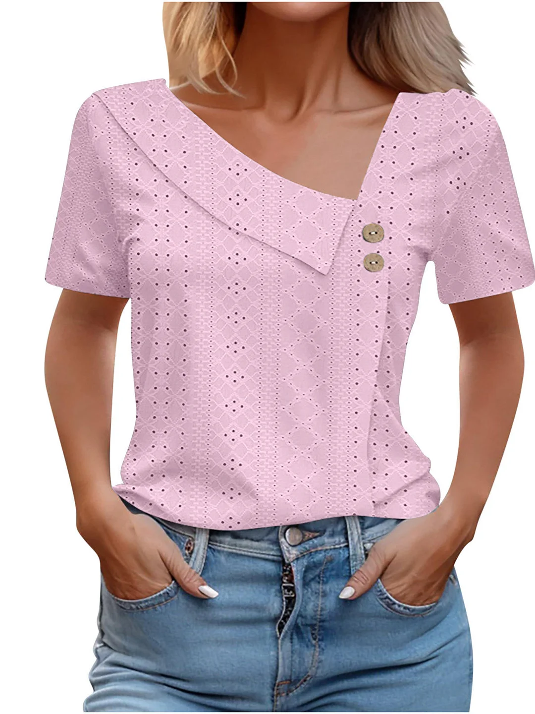 Women Short Sleeve V-neck Solid Color Buttons Tops
