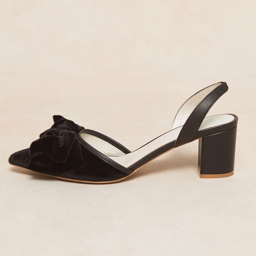 Black Velvet Pointed Toe Bow Decor Block Heel Slingback Pumps
