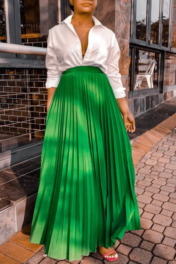 Fashion Solid Color High Waist Pleated Long Skirts