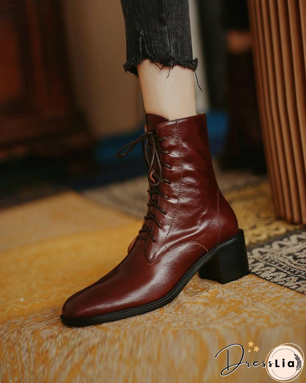 Pointed-toe Solid Color Lace-up Martin Boots