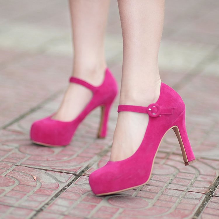 Rose Red Mary Jane Pumps Platform Chunky Heels Pumps |FSJ Shoes