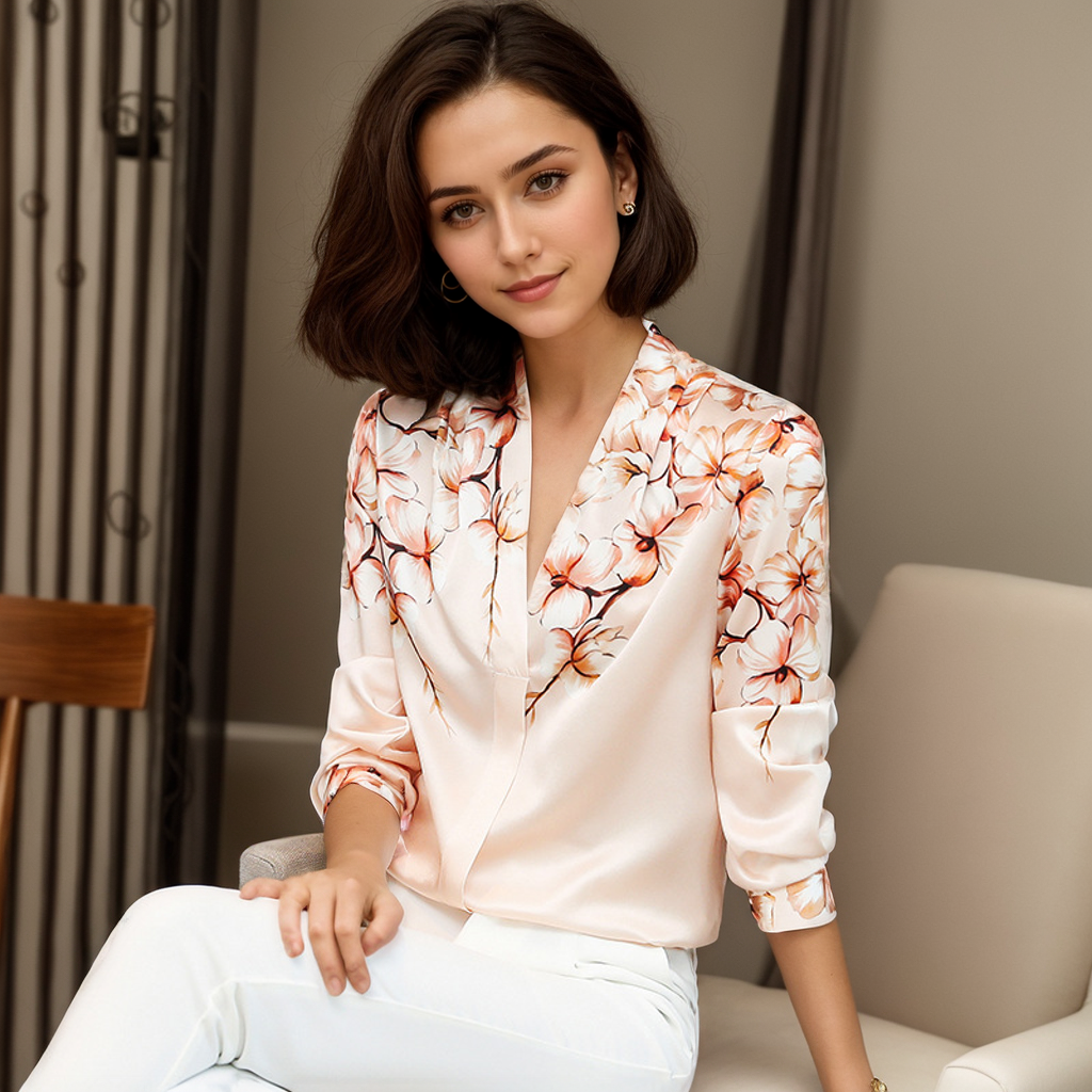 Pink V-neck Froral Silk Blouses For Women Button Up REAL SILK LIFE