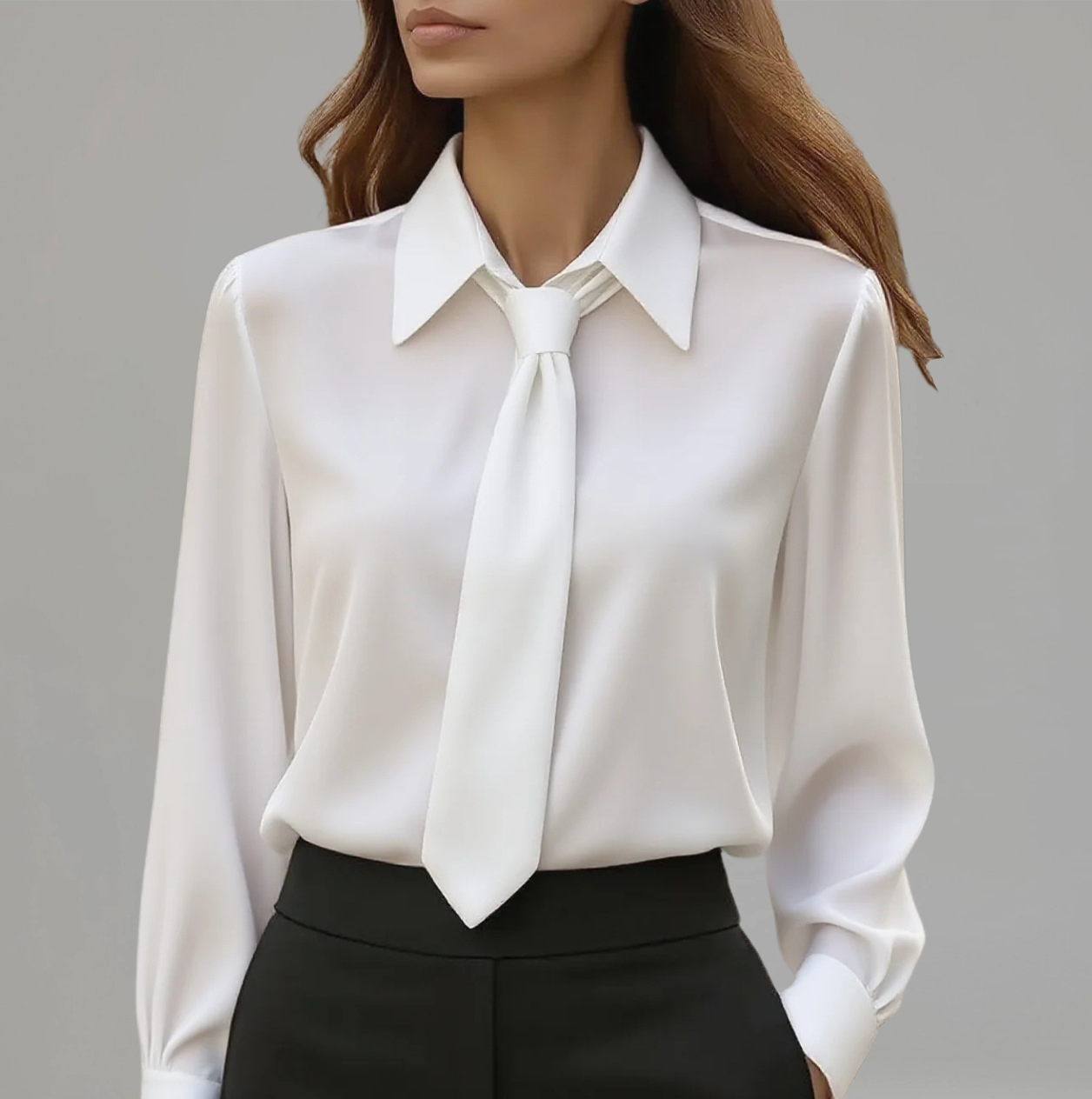 Women's Formal Solid Shirt Collar Tie Long Sleeve Blouse
