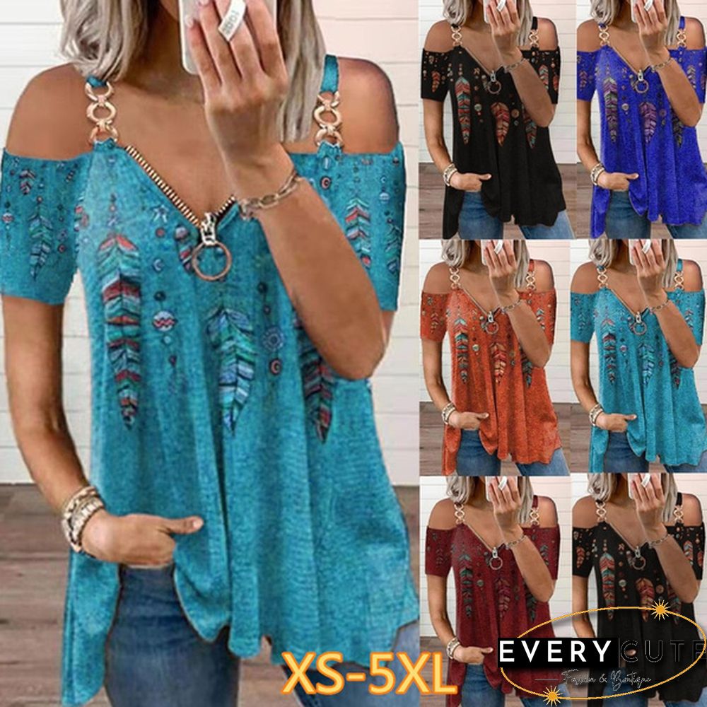 Summer New Fashion Women's Feather Printed Metal Strap Zipper V-neck Casual Strapless Short Sleeve Top Loose Plus Size Soft and Comfortable Summer T Shirt Shirt XS-5XL