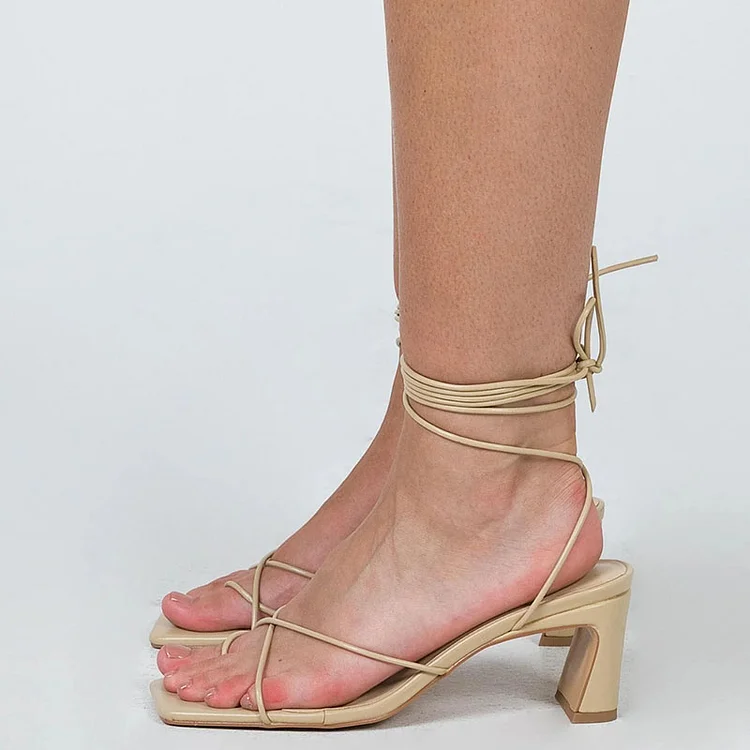 Nude Square Toe Wrap Sandals Women's Patent Block Heel Shoes |FSJ Shoes