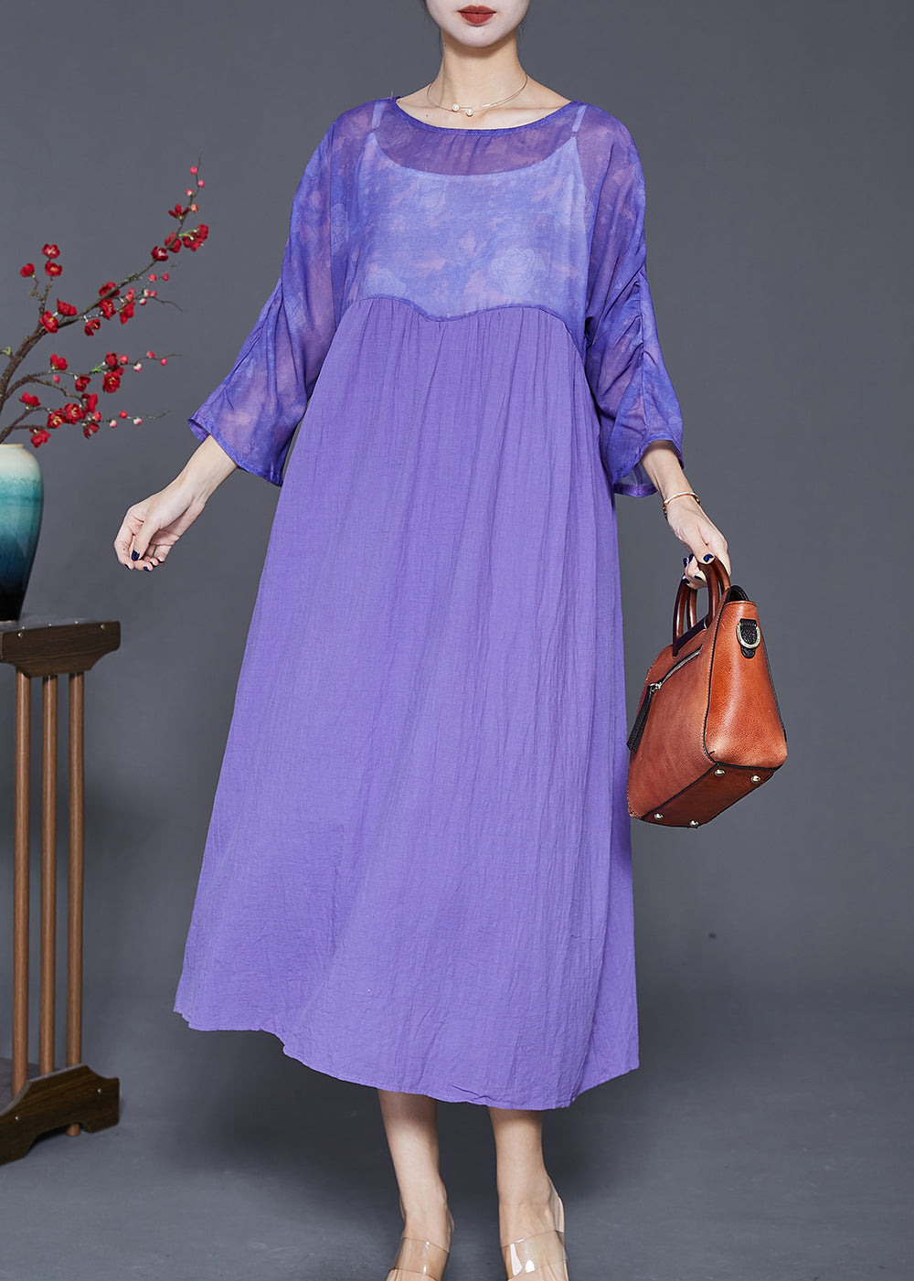 VCSHOES Purple Oversized Patchwork Linen Long Dress Bracelet Sleeve