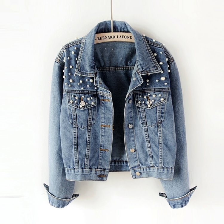 Denim Jacket Women's All-match Pearl Loose Slimming Coats