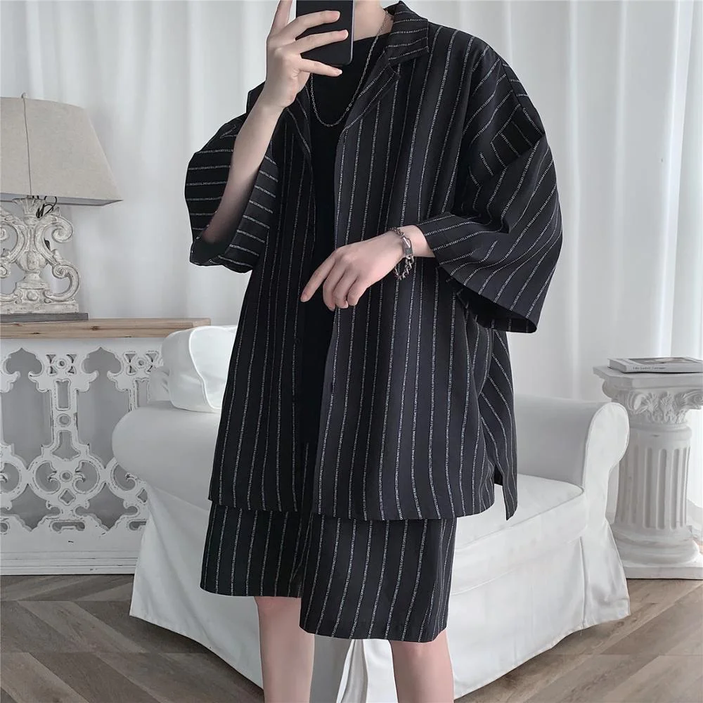 Woherb 2021 Summer Men Set Shirts and Shorts Lightweight Letter Striped Half Sleeve Knee-Length Baggy Short Oversize Suit Clothing Man