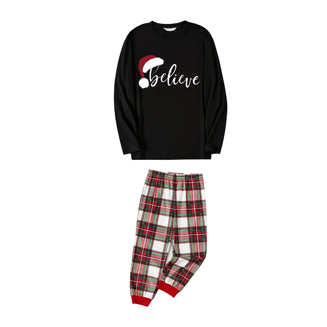 Christmas "Believe" Text Print Black Long Sleeve Top with Red & White & Green Plaid Family Matching Pajamas