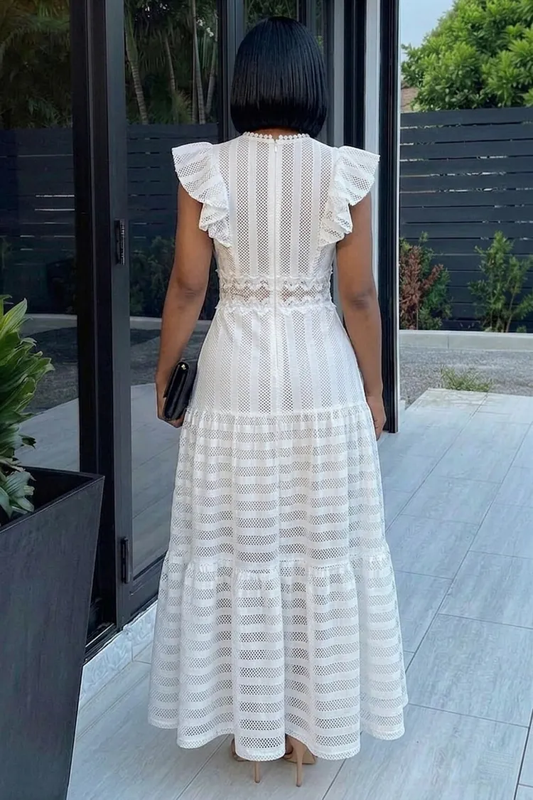 Loragal Round Neck Ruffle Trim Mesh Patchwork Casual White Maxi Dresses