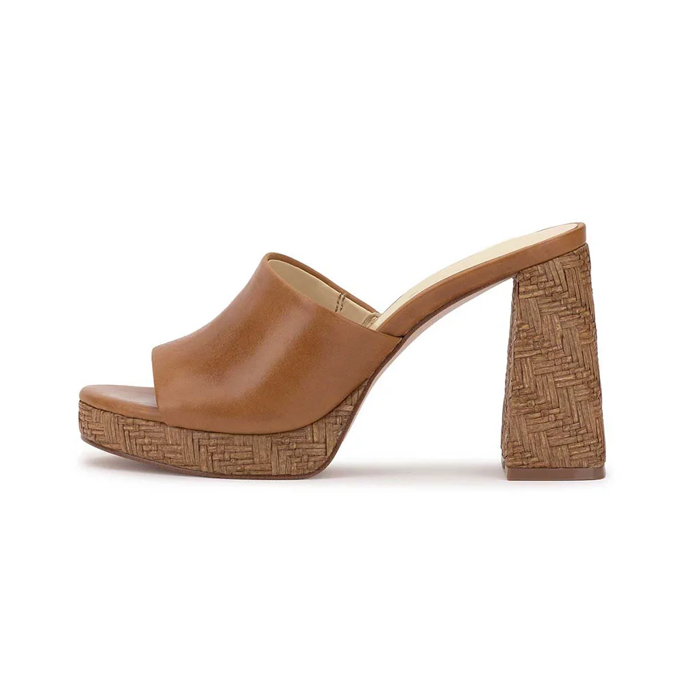 Women's Brown Vegan Leather Open-Toe Woven Block Heel Platform Mules