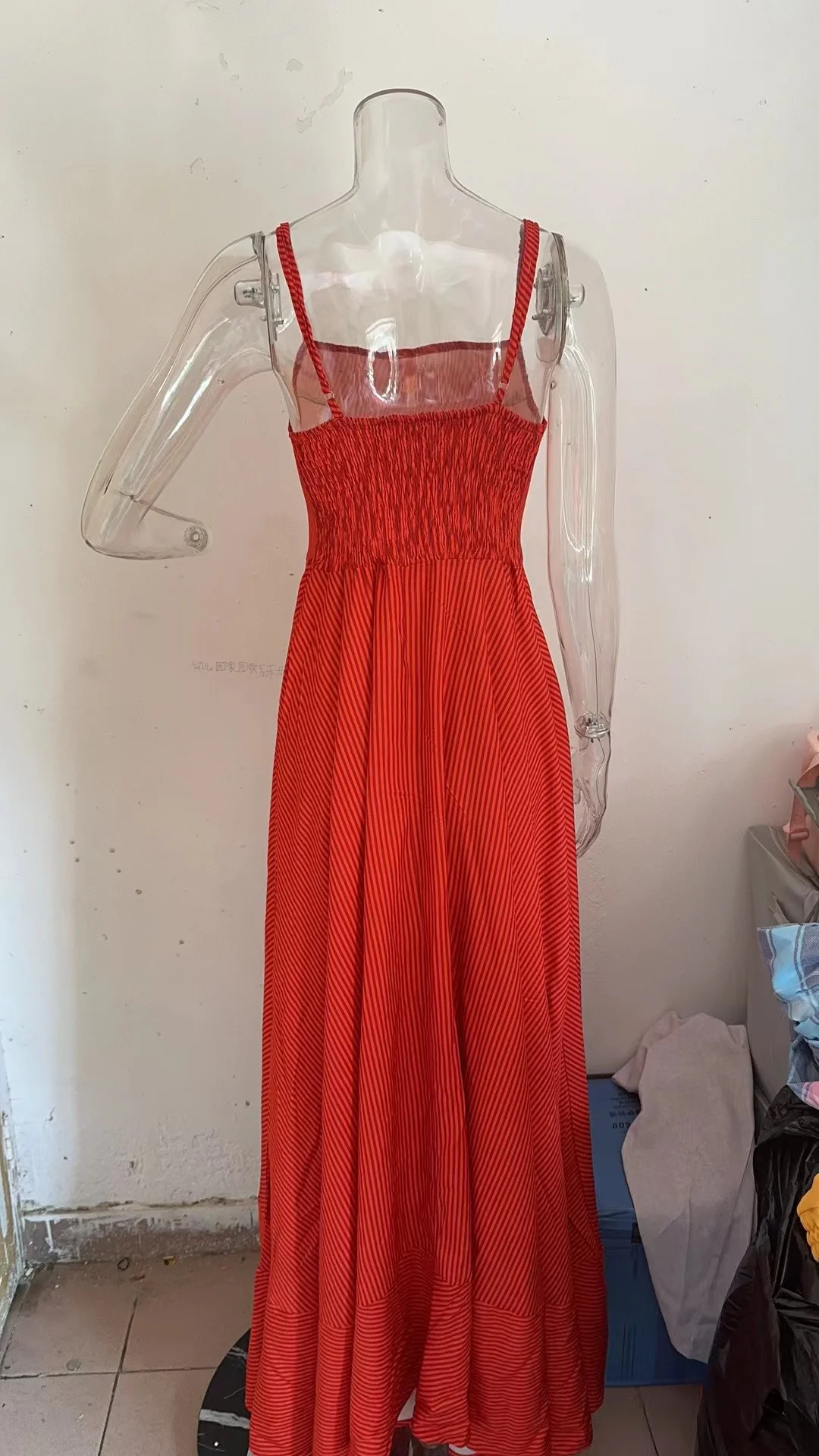 Athvotar Athvotar 2023 New Fashion Striped Print Waist Pleated Sling Dress