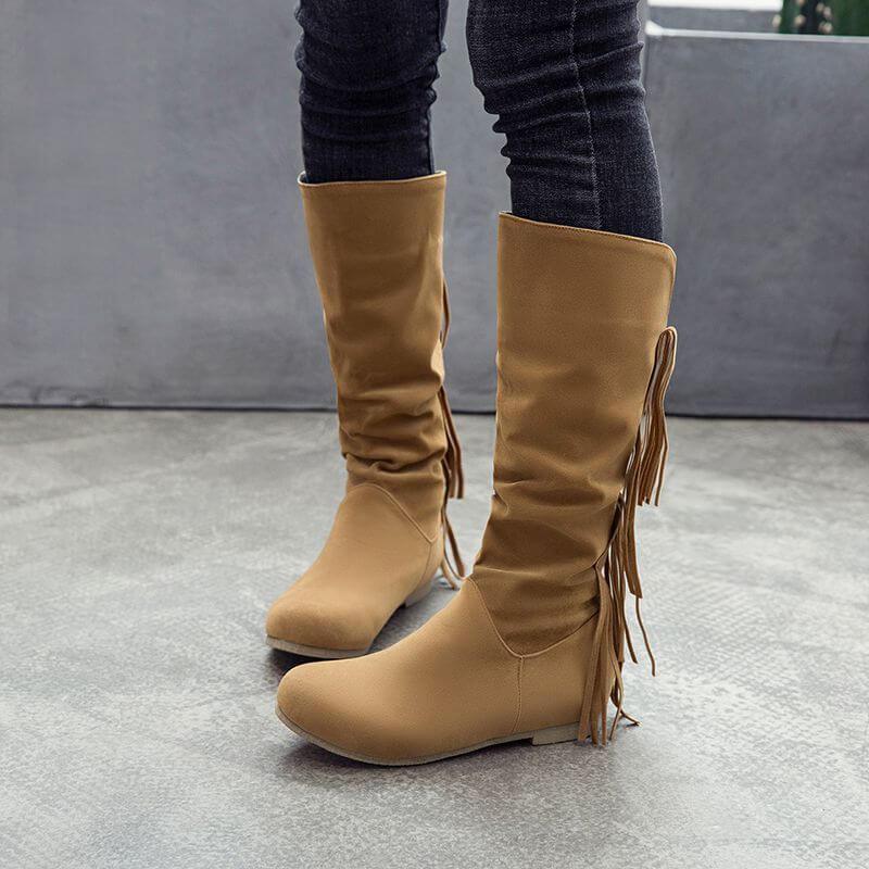 VCSHOES Suede Fringe Knee High Round Toe Boots