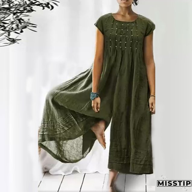 Fashion Vintage Crinkled Cotton Linen Elegant Wide Leg Loose Jumpsuit