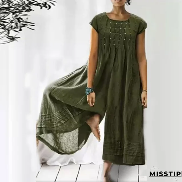 Fashion Vintage Crinkled Cotton Linen Elegant Wide Leg Loose Jumpsuit