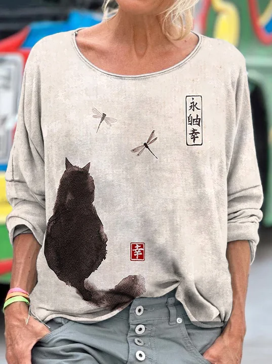 Women's Japanese Art Cat Print Long Sleeve T-shirt