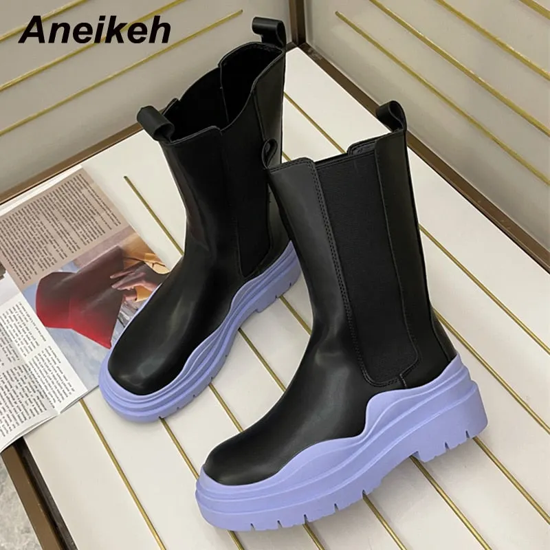 Aneikeh Spring Botines Mujer 2021 Bordered Platform Mid-Calf Women Shoes Chelsea Boots Fashion MATURE Squared Heel Size 35-39