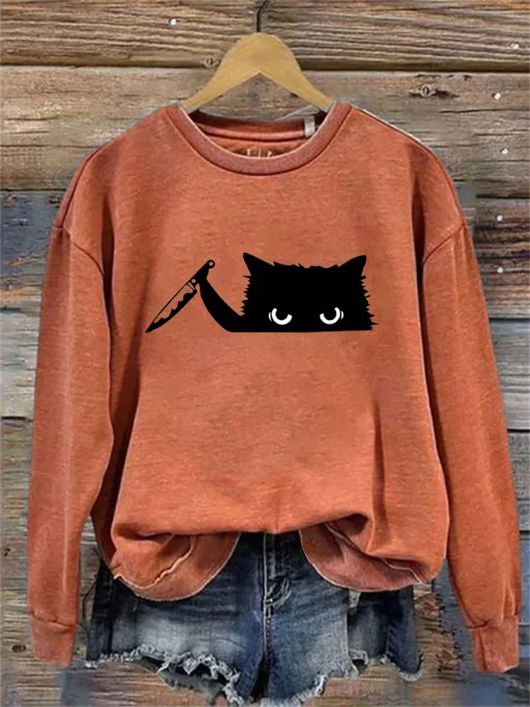 Women's Casual Funny Black Cat Print Sweatshirt