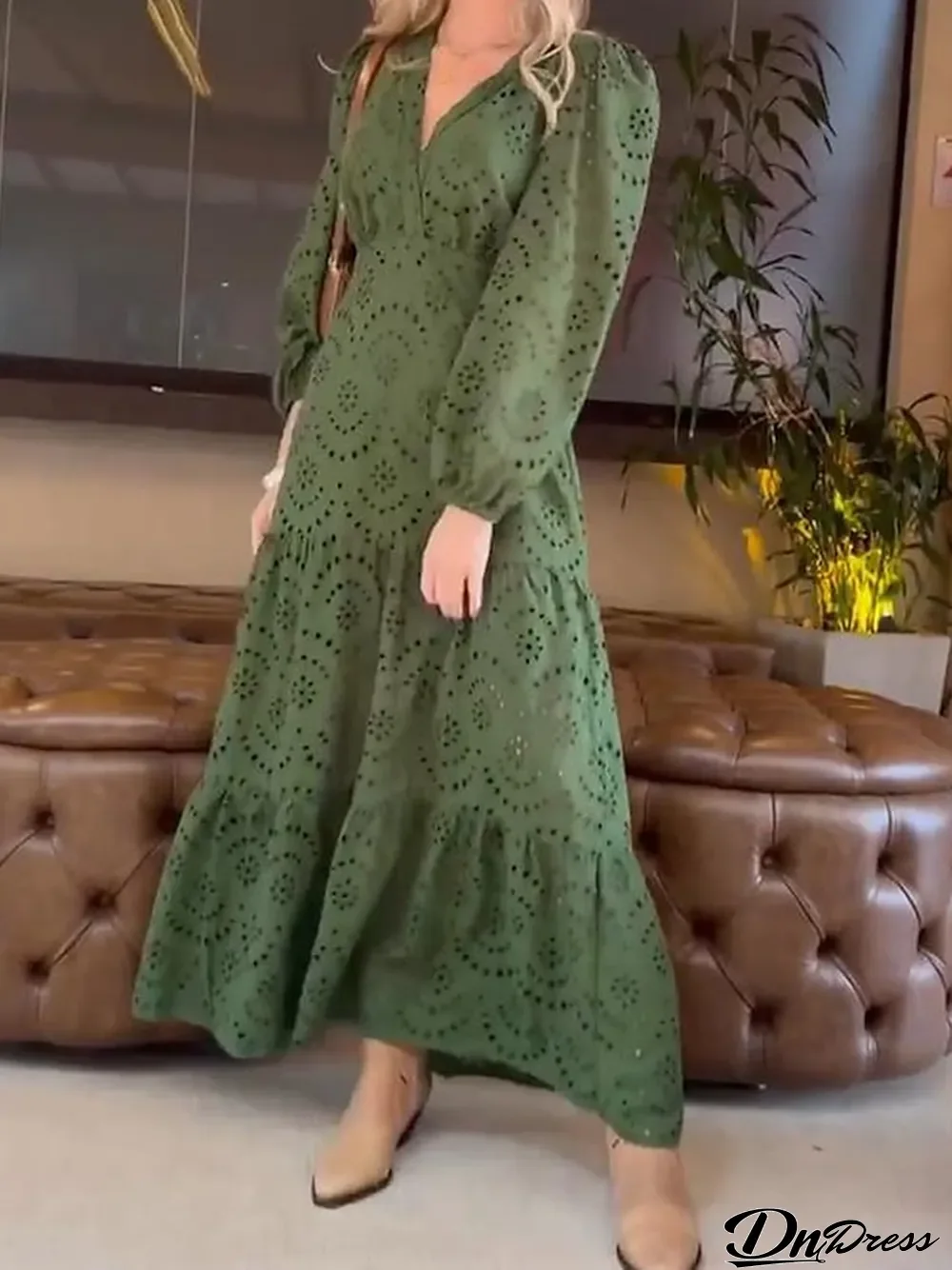 Women's Casual Dress Cotton Linen Dress Swing Dress Maxi long Dress Linen \/ Cotton Blend Fashion Modern Outdoor Daily Vacation V Neck Ruffle Eyelet Long Sleeve Spring Fall Autumn Loose Fit Green
