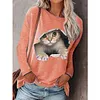 Women&lsquo;s Round Neck Pullover Cat Printed Long Sleeve T-shirt