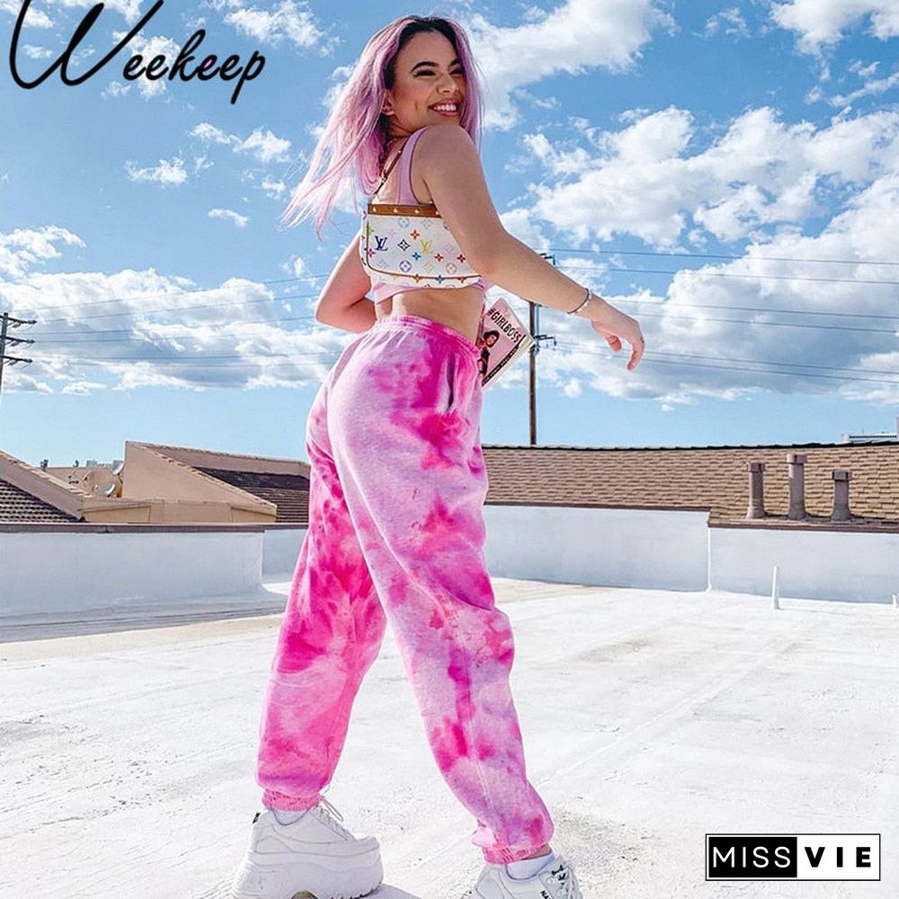 Weekeep Tie Dye Sweatpants Women Elastic High Waist Baggy Pants Hip Hop Casual Loose Pants Ladies Fashion Pink Trousers