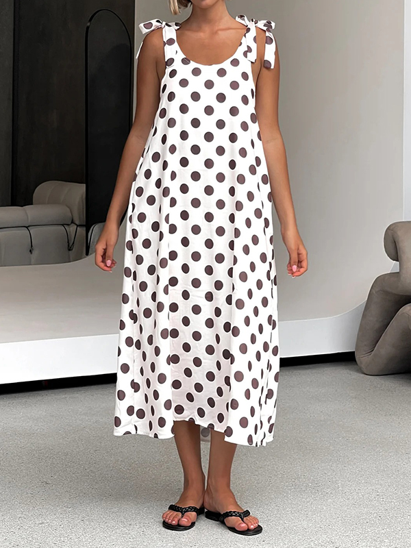 Polka Dot Print Bow Strap Sleeveless Midi Dress