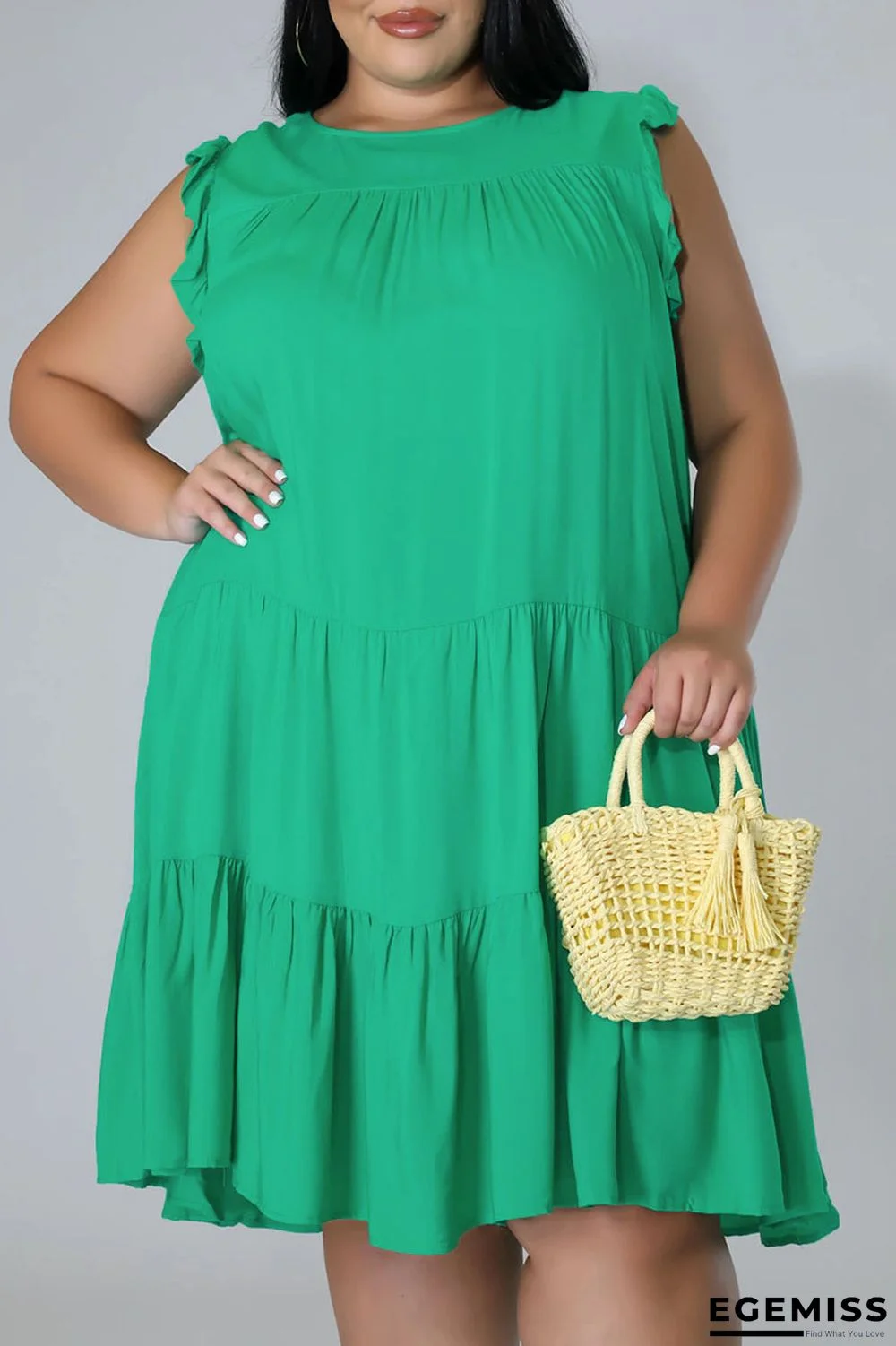 Green Casual Solid Patchwork O Neck A Line Plus Size Dresses | EGEMISS
