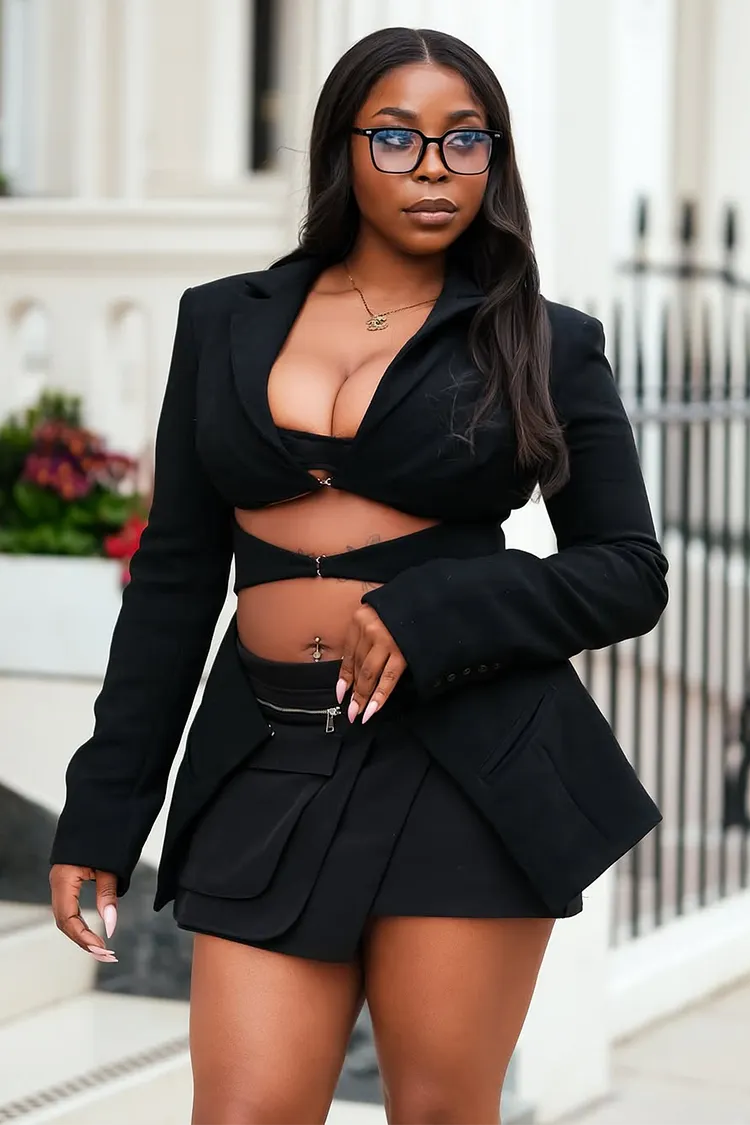 Notched Lapel Long Sleeve Cut Out Blazer Mini Dresses-Black [Pre Order]