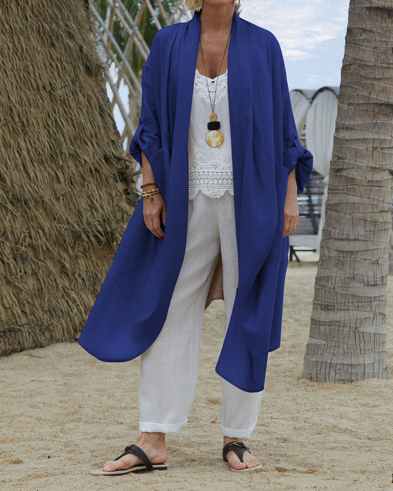 Long Sleeve Sdie Pockets Solid Color Casual Loose Cardigan