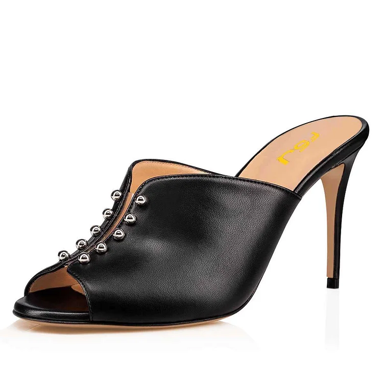 Black Studs Peep Toe Mule Heels |FSJ Shoes