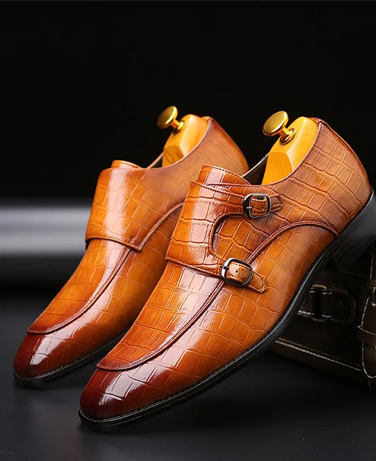 Business Plain Crocodile Embossed Pin Buckle Point Toe Loafers 